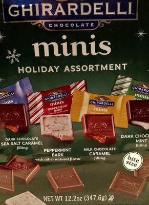 Holiday assortment minis chocolate, dark chocolate sea salt caramel, peppermint bark, milk chocolate caramel, dark chocolate mint