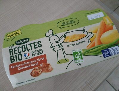 BLEDINA LES RECOLTES BIO Ecrasé de Haricots Verts Carottes Boeuf 2x200g Dès 8 Mois