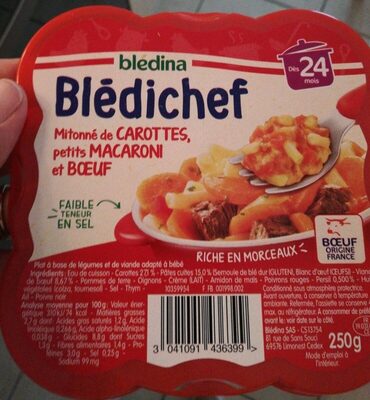 BLEDINA BLEDICHEF Mitonné de Carottes, Petits Macaroni et Boeuf 250g Dès 24 Mois