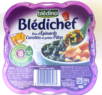 Blédichef - Duo d'épinards carottes et petites pâtes